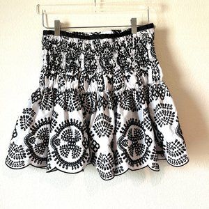 ZARA Smocked Eyelet Skirt Black White Zipper Floral Embroidered Women's Size M